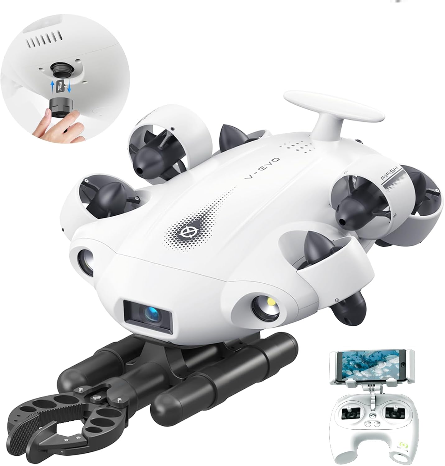 FIFISH V-EVO 4K60FPS Underwater Drone with Robotic Arm, with Removable SD Card, QYSEA AI Vision Lock 360° Omnidirectional Movement Underwater ROV with Depth Hold, Portable Robot with VR Control