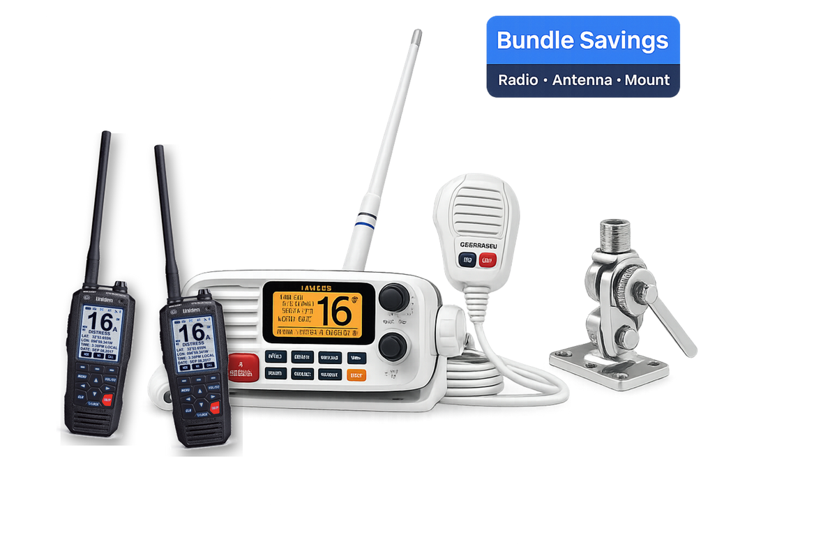 VHF Fleet Communication Bundle - Uniden UM385 Radio, 2 Handhelds, Scout Antenna, Mount