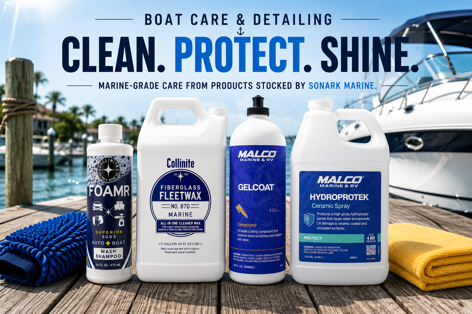 Boat wax and detailing products for washing, polishing, protecting, and maintaining a boat