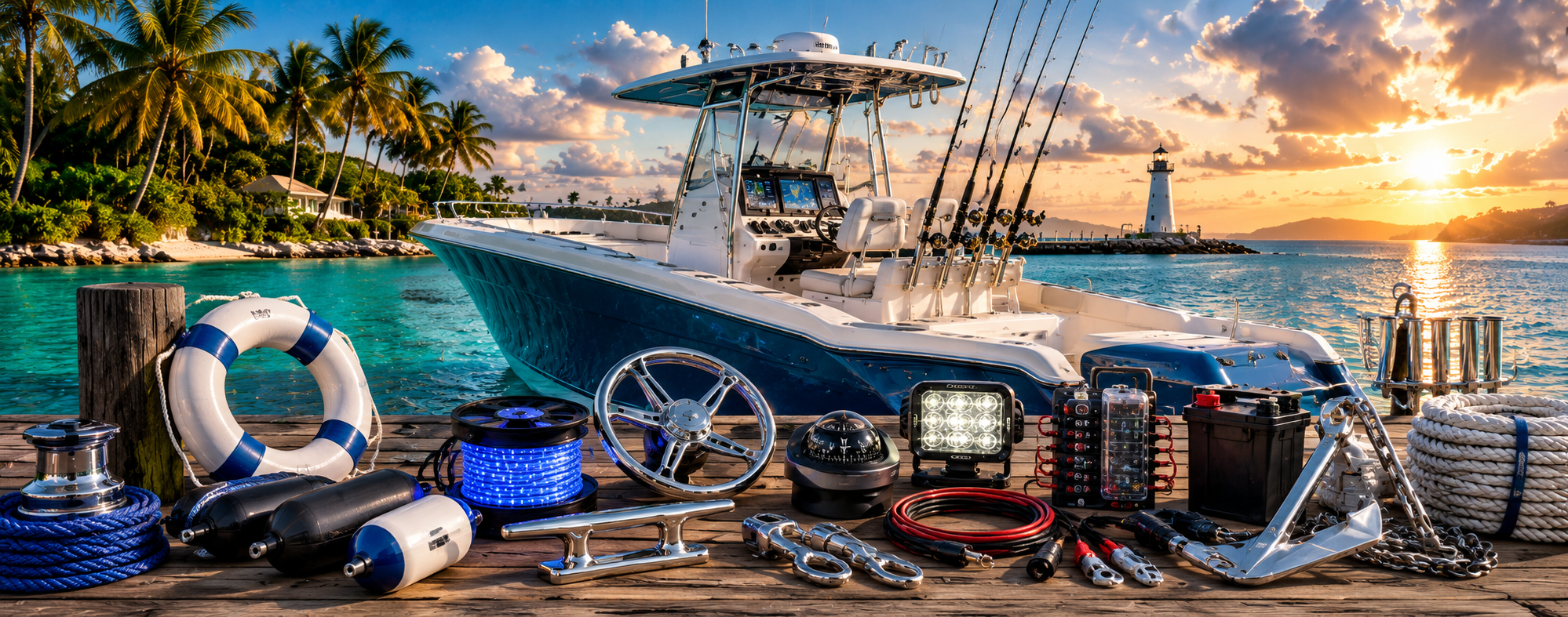 Boat accessories and outfitting gear on a docked boat