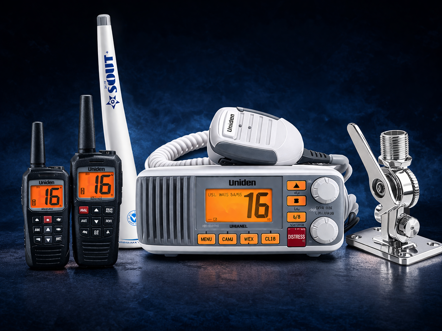 Marine radios collecion with fixed mount VHF radios, handheld radios, antennas, and antenna mounts