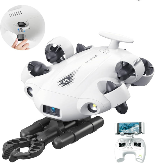FIFISH V-EVO 4K60FPS Underwater Drone with Robotic Arm, with Removable SD Card, QYSEA AI Vision Lock 360° Omnidirectional Movement Underwater ROV with Depth Hold, Portable Robot with VR Control