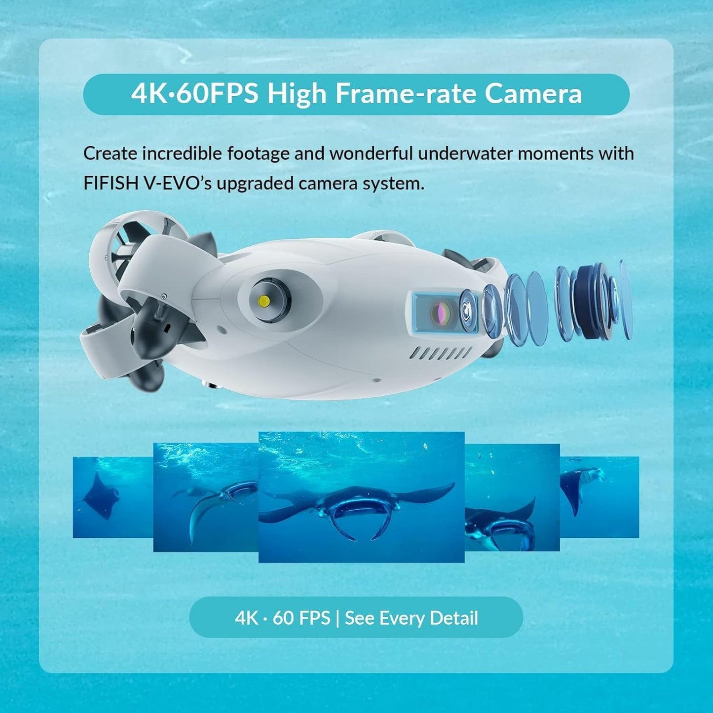 FIFISH V-EVO 4K60FPS Underwater Drone with Robotic Arm, with Removable SD Card, QYSEA AI Vision Lock 360° Omnidirectional Movement Underwater ROV with Depth Hold, Portable Robot with VR Control