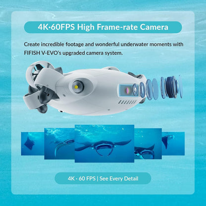 FIFISH V-EVO 4K60FPS Underwater Drone with Robotic Arm, with Removable SD Card, QYSEA AI Vision Lock 360° Omnidirectional Movement Underwater ROV with Depth Hold, Portable Robot with VR Control