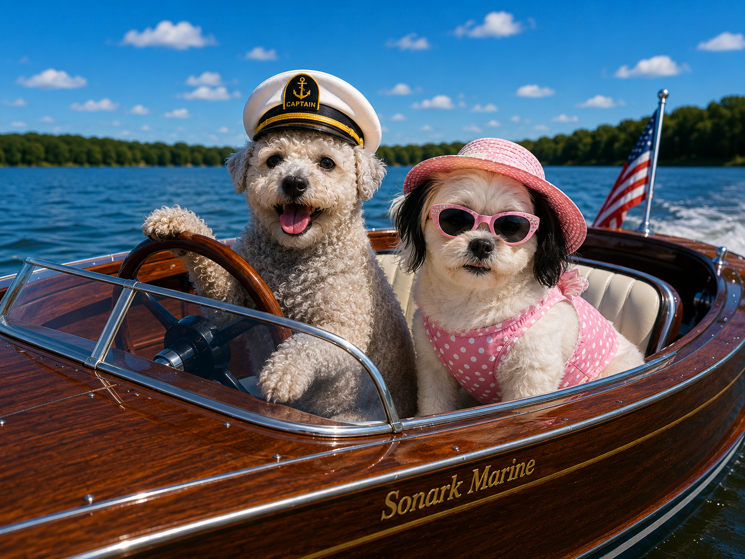 Two small dogs wearing captain and sun hats in a classic wooden Sonark Marine boat
