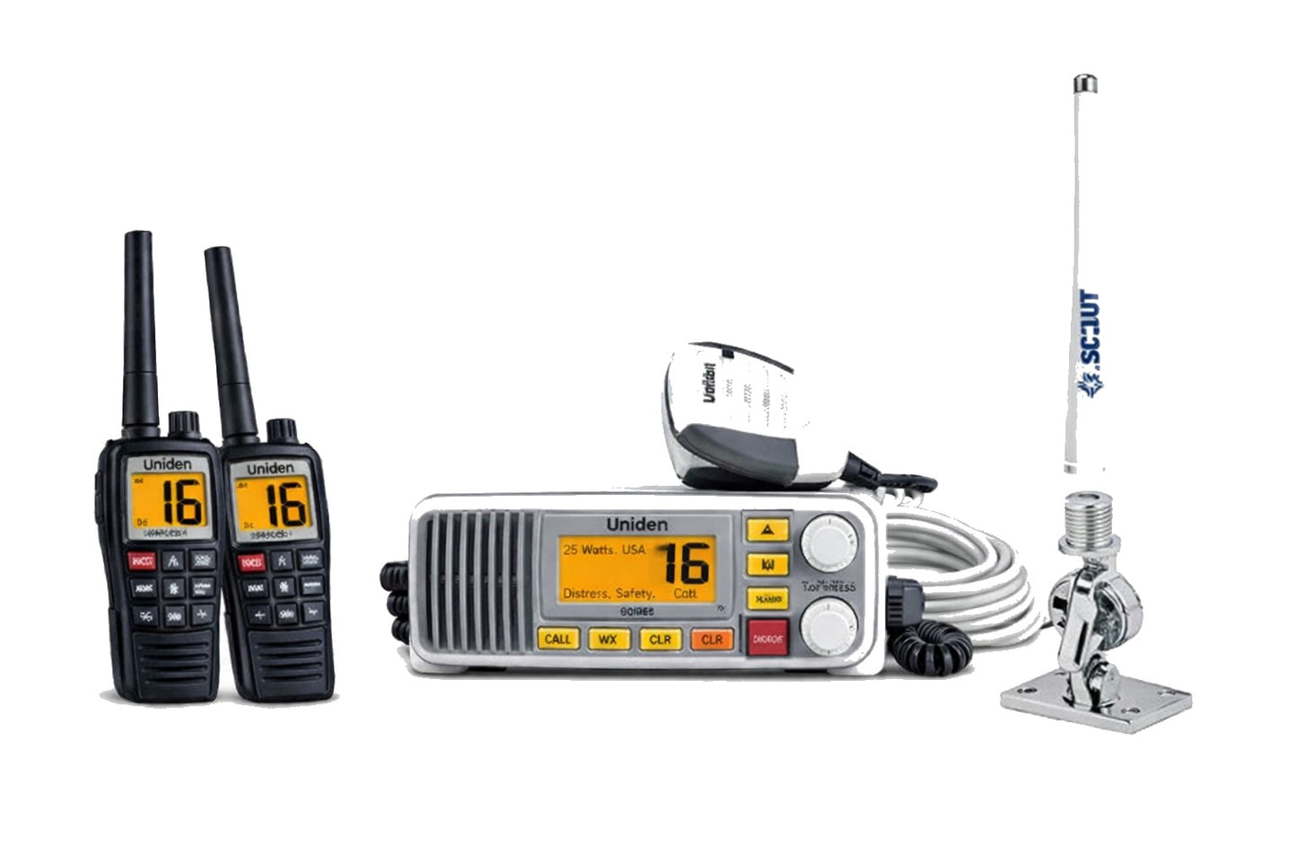 VHF communication bundle with fixed mount radio, handheld radios, antenna, and ratchet mount