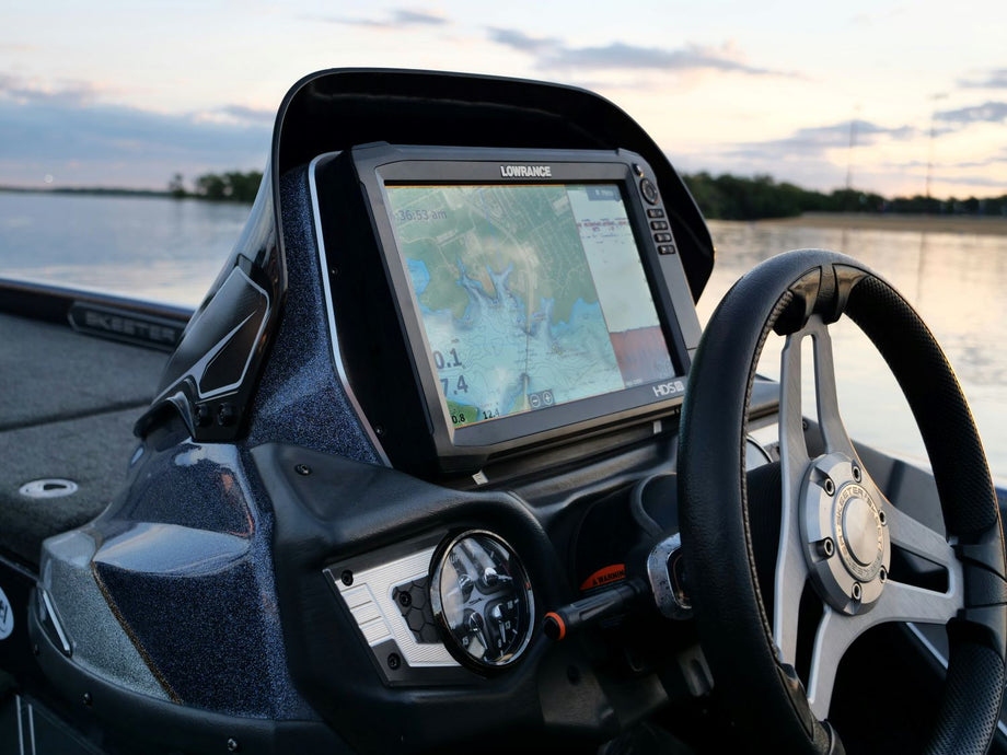 Fish finder mounted at a boat helm