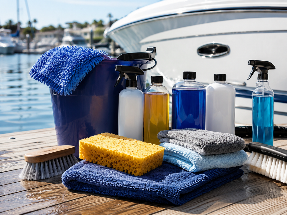 Boat cleaning and detailing supplies arranged for routine marine care