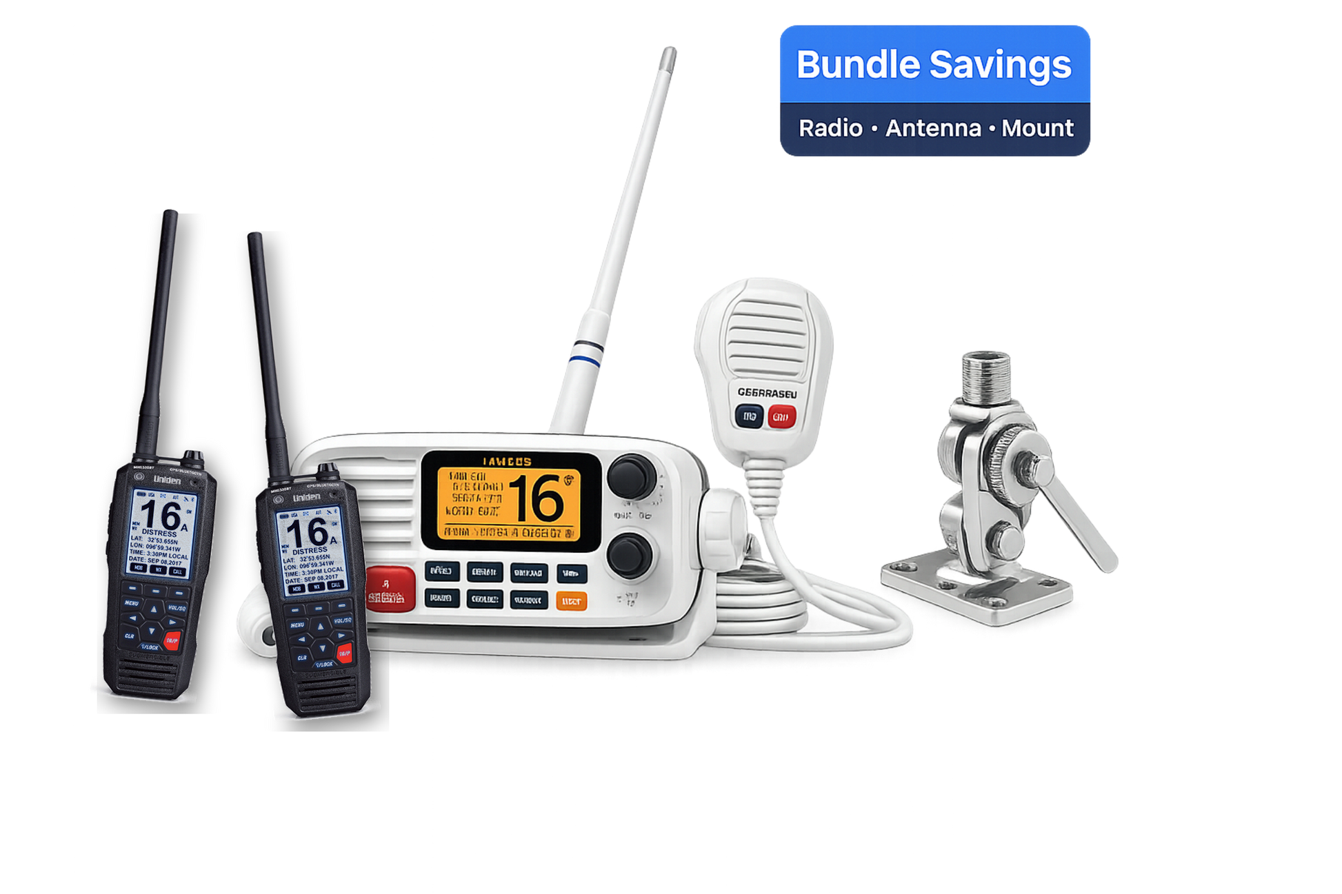 VHF Fleet Communication Bundle - Uniden UM385 Radio, 2 Handhelds, Scout Antenna, Mount